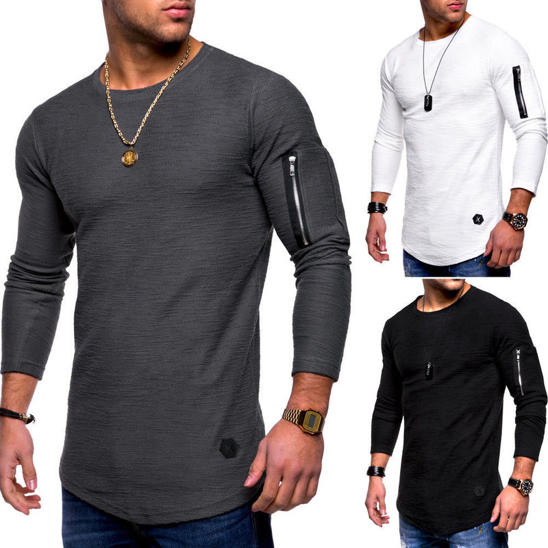 2019 foreign trade hot men's solid color round neck long sleeve T-shirt arm zipper stitching personality European and American style long T-shirt