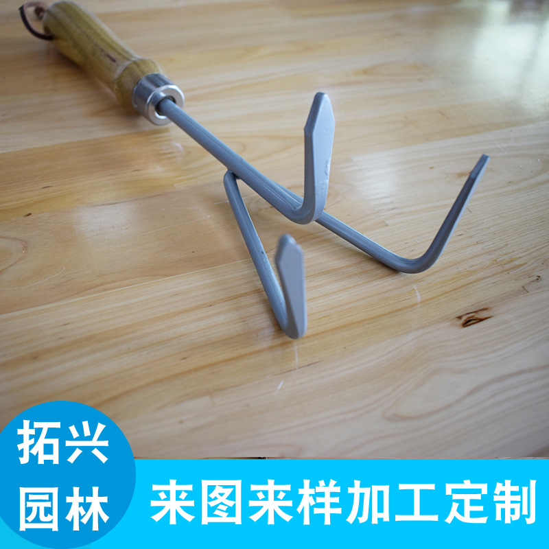 不锈钢爪子短柄三叉园林叉子 园艺木柄松土翻土工具松土热卖热销