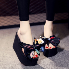 闪娇2025拖鞋女夏时尚外穿11厘米超高跟沙滩拖鞋蝴蝶结厚底人字拖