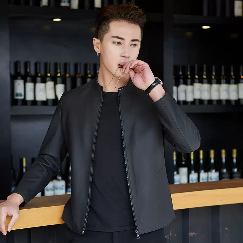 新款海宁皮衣男士立领绵羊皮真皮皮衣亚光简约休闲机车款整皮