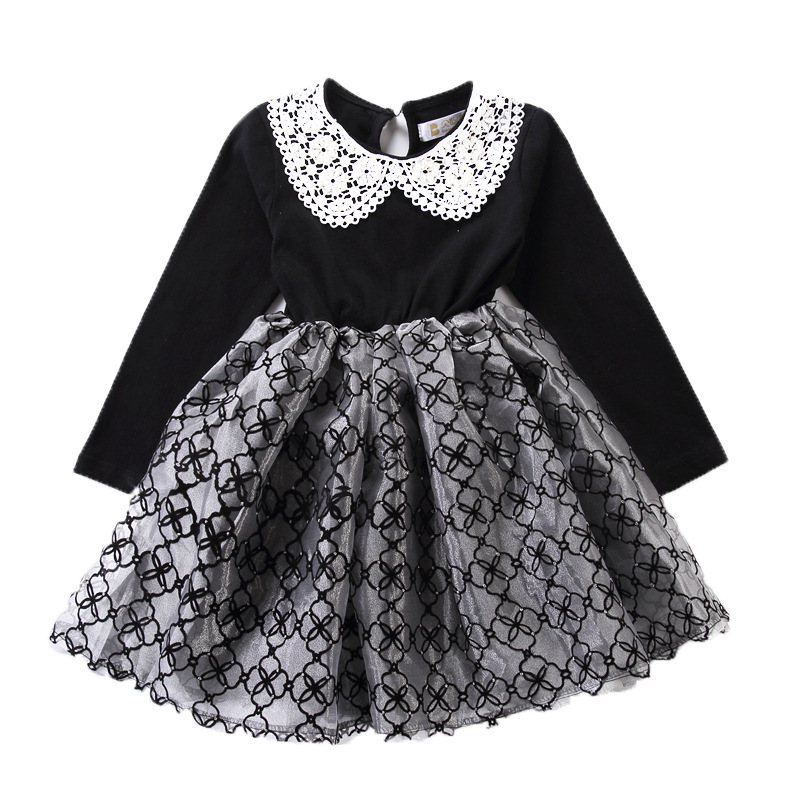 Vestido de niñas vestido de princesa para niños ropa de estilo coreano para niños primavera y otoño collar de muñeca de encaje vestido a cuadros de manga larga para niños medianos y grandes