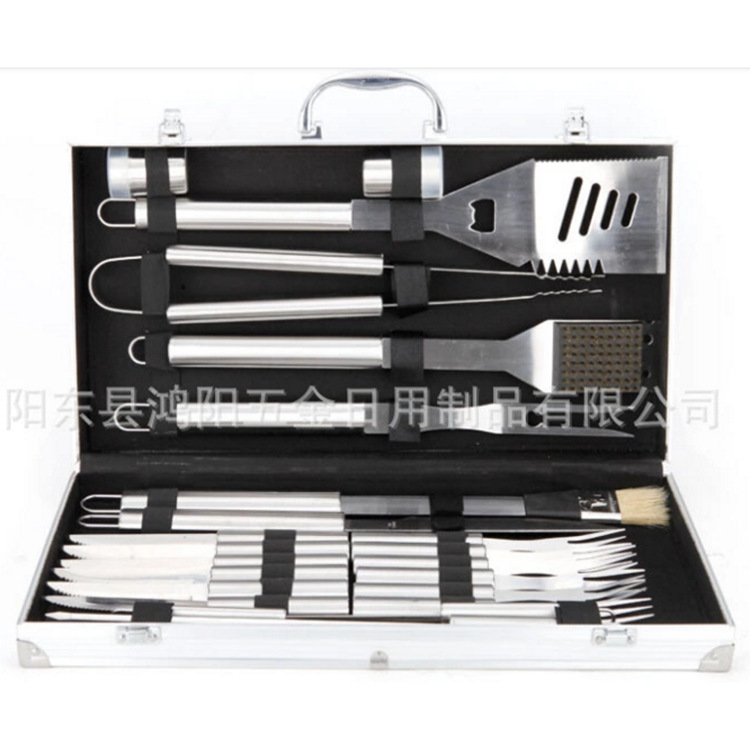 Directo de fábrica de acero inoxidable barbacoa parrilla traje de caja de aluminio 24-pieza barbacoa herramientas al aire libre combinación parrilla