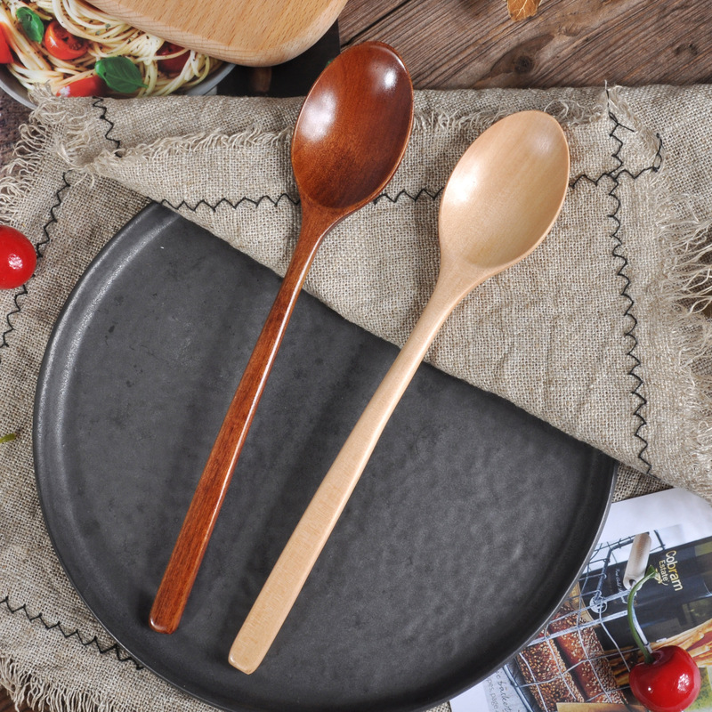 Factory Direct Sales Japanese and Korean Style Export Tableware Long Handle Iron Straight Handle Ladle Natural Fashion Large Lacquer Wooden Spoon