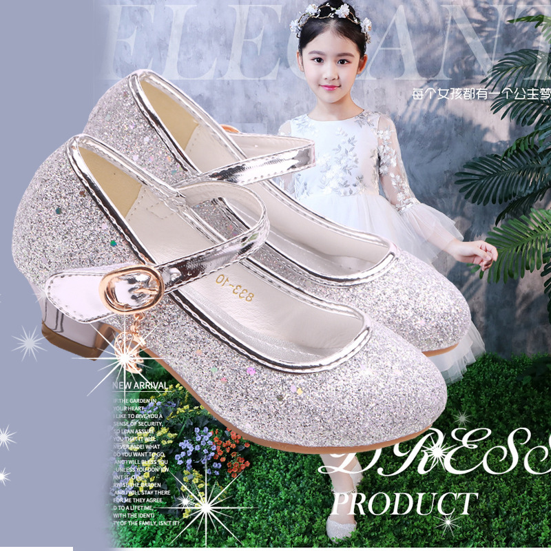 2024 New Four Seasons Girls High Heels Children's Leather Shoes Little Princess Single Shoes Sequined Student Dance Performance Gift Shoes