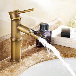 European-style antique washbasin bamboo hot and cold faucet black bronze single-hole single-bar waterfall basin mixing faucet