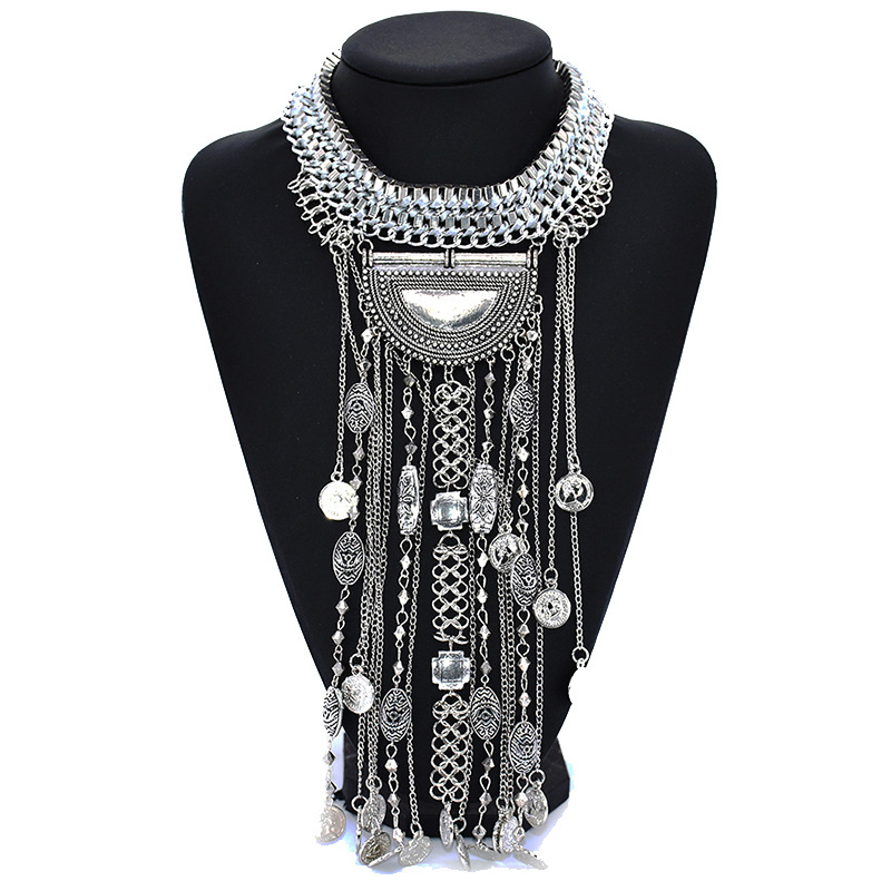 Exaggerated Crystal Gemstone Multi-layer Coin Tassel Necklace_voghion.com