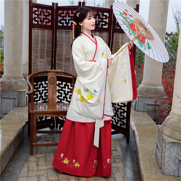 New Hanfu Women's Ancient Clothes Wide-Sleeved Curved Waist Skirt Fairy Daily Embroidered Belt for Performance New Hanfu Women's Ancient Clothes Wide-Sleeved Curved Waist Skirt Fairy Daily Embroidered Belt for Performance