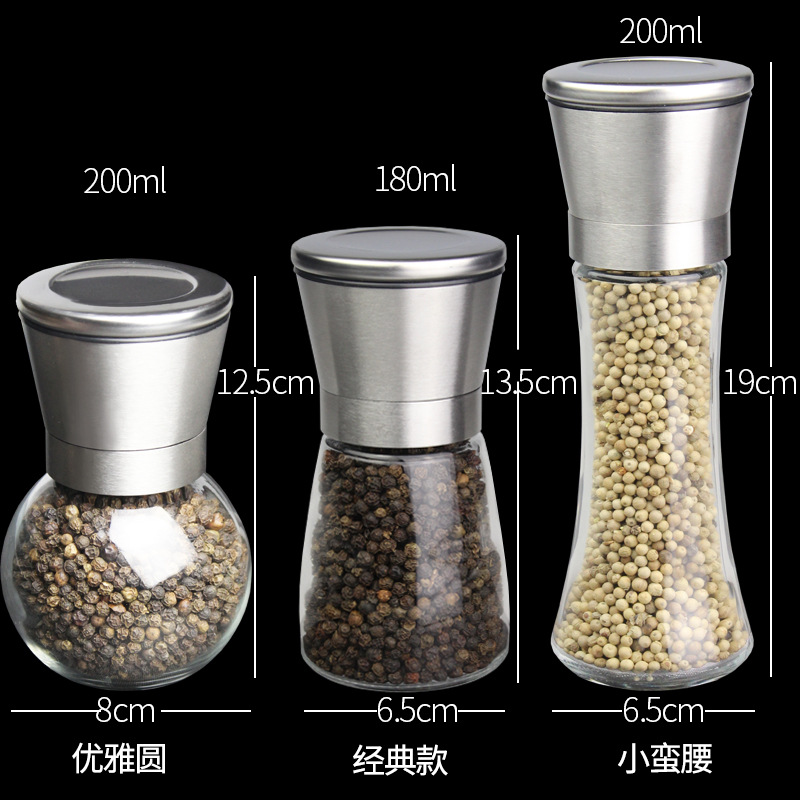 Acero inoxidable negro pimienta amoladora manual de acero al carbono movimiento de vidrio condimento caja sazonador tarro venta directa de la fábrica