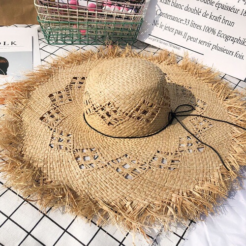 Summer Hat with Hollow Design, New Women's Beach Hat, Sun Hat for Women, Large Brim Leisure Hat, Solid Color, Hairy Edge, La Fleur Grass Hat