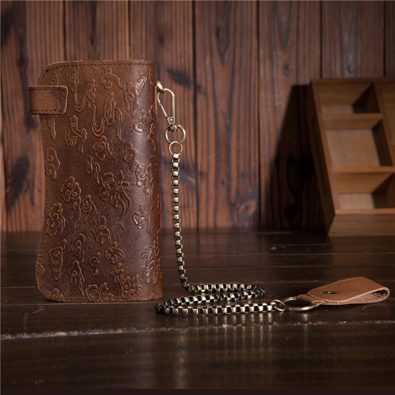 B161 billetera de cuero de cera de aceite de cadena de hierro antirrobo retro japonés patrón de dragón de presión de viento capa superior piel de vaca larga estudiante de moda