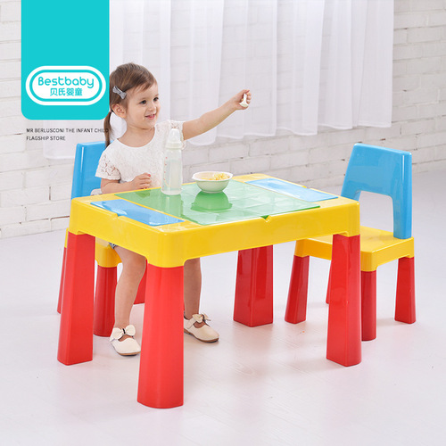 Kindergarten table and chair set wholesale, compatible with large and small particle tables and chairs, multi-functional plastic assembled children's building block table