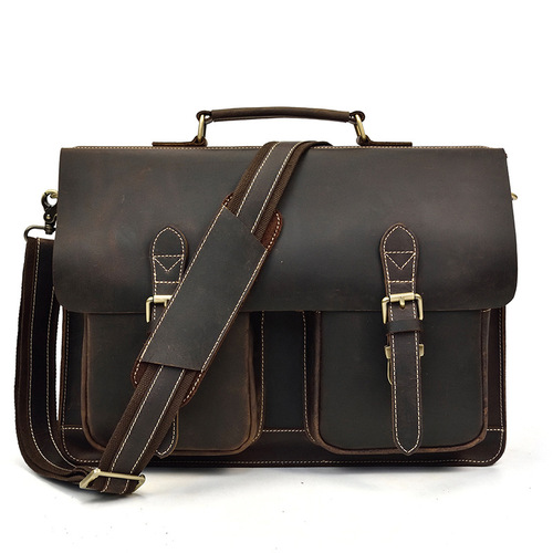 Men's Retro Crazy Horse Leather Briefcase Genuine Leather Computer Bag Casual Shoulder Bag Work Out Handbag 9370