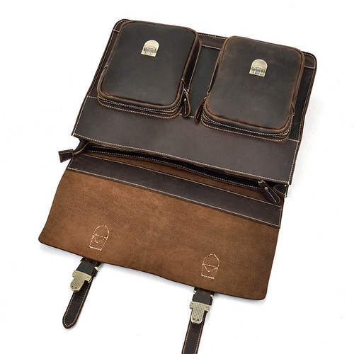 Men's Retro Crazy Horse Leather Briefcase Genuine Leather Computer Bag Casual Shoulder Bag Work Out Handbag 9370