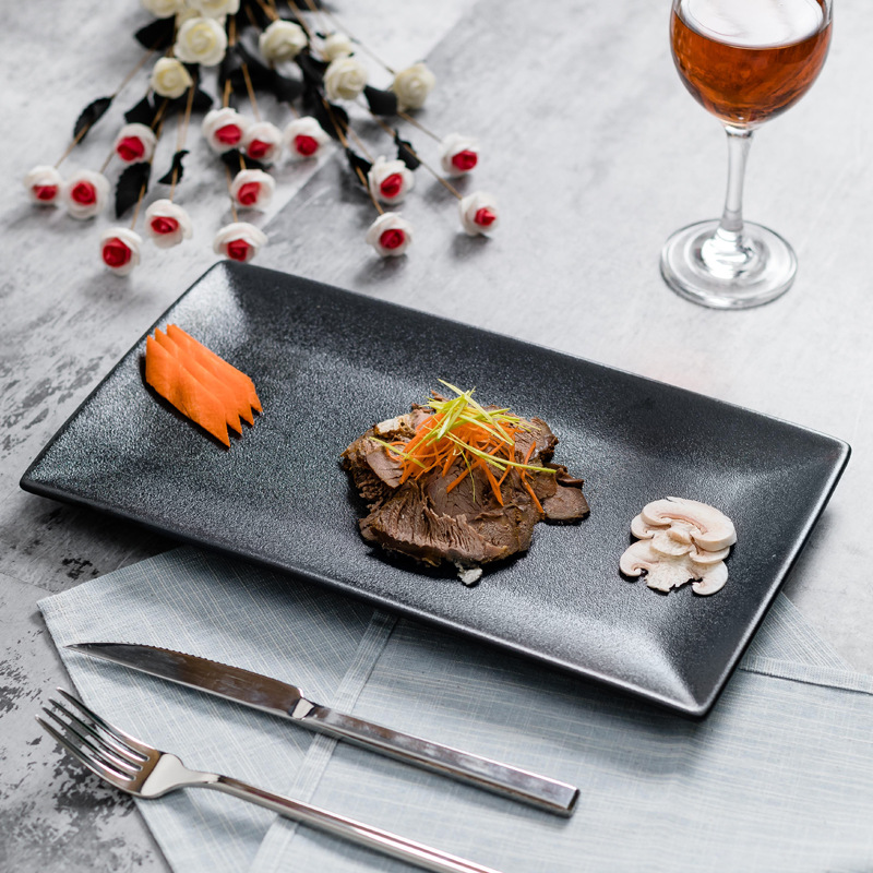 Placa de postre esmerilado de cerámica placa rectangular negra