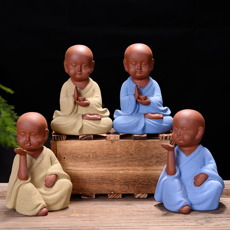 禅意书房童趣小和尚茶宠摆件紫砂彩陶小沙弥汽车茶几摆饰禅意摆件
