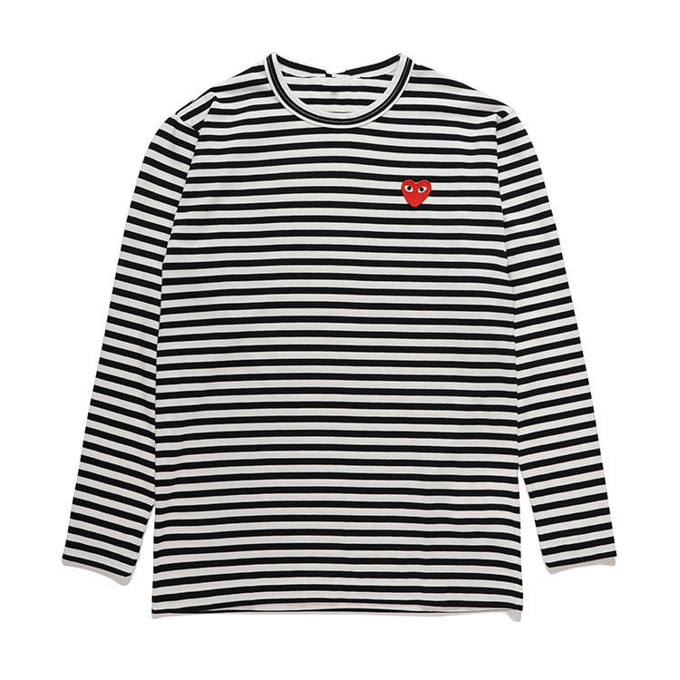 Hsyplay Japanese Style Trendy Brand Peach Heart Long-Sleeved Round Neck Pure Cotton Men's and Women's Couple Style Black Stripesd Red Heart T-Shirt