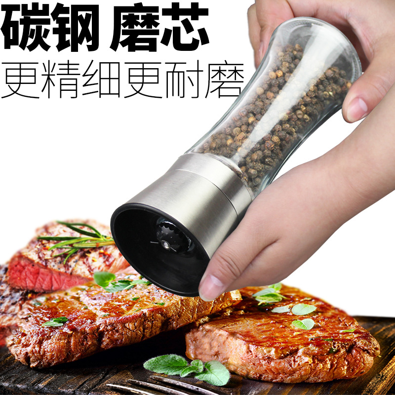 Acero inoxidable negro pimienta amoladora manual de acero al carbono movimiento de vidrio condimento caja sazonador tarro venta directa de la fábrica