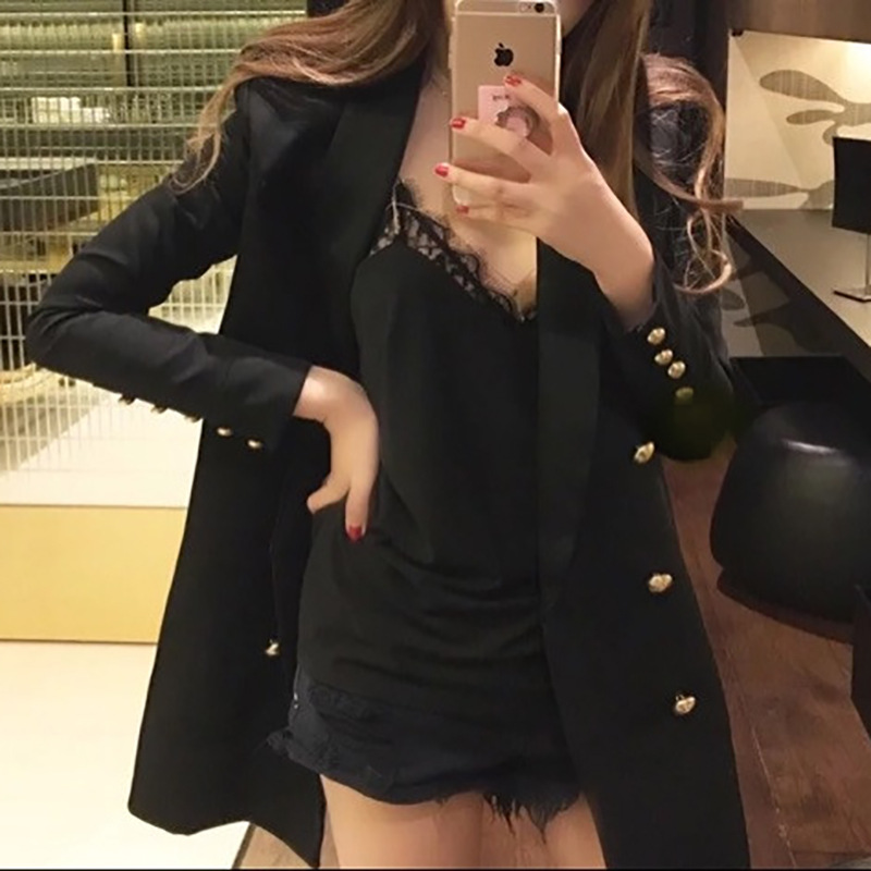 2025春装新款黑色双排扣中长款显瘦修身西装外套韩版小西服女潮06