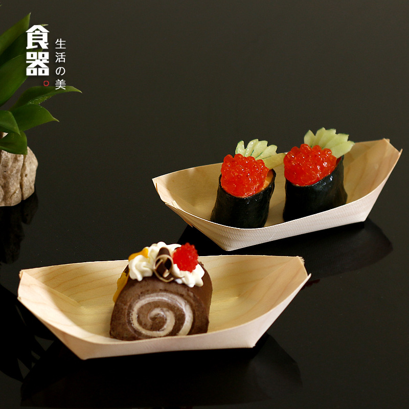 Desechable de madera de cuero Barco de papel de madera caja de cocina vajilla caja de sushi plato de aperitivos de madera carta de agua pastel en forma de barco plato barco
