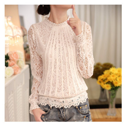 Women's long-sleeved elegant slim-fit blouse with lace trim and hollow-out design, perfect for spring and autumn.