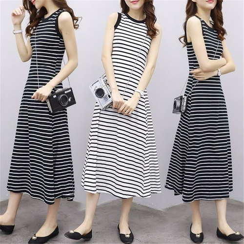 [ ] Korean-style Elegant Slimming Striped Dress for Women, Summer Vintage Simple Sleeveless Vest Skirt, A-line Maxi Dress