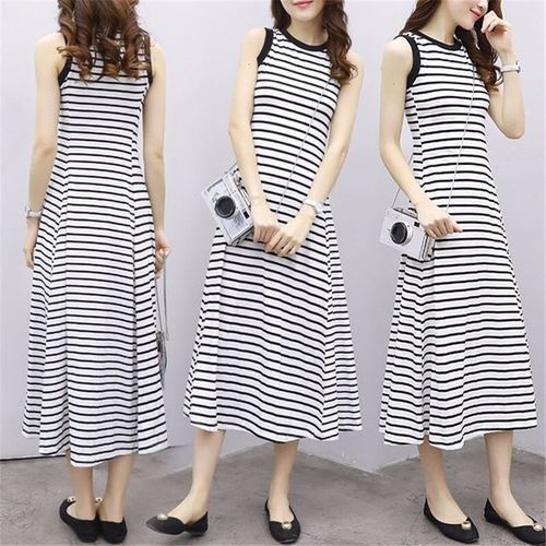 [ ] Korean-style Elegant Slimming Striped Dress for Women, Summer Vintage Simple Sleeveless Vest Skirt, A-line Maxi Dress