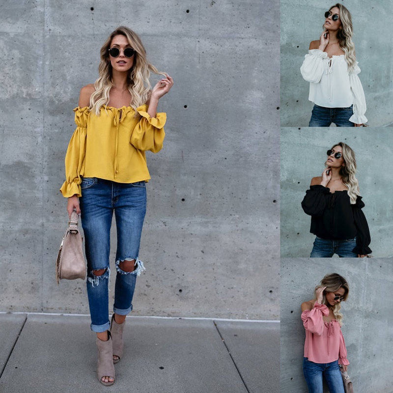 크로스 보더 여름 유럽과 미국 여성 의류 아마존 패션 활 오프 숄더 긴 소매 쉬폰 셔츠 단색 여성 탑