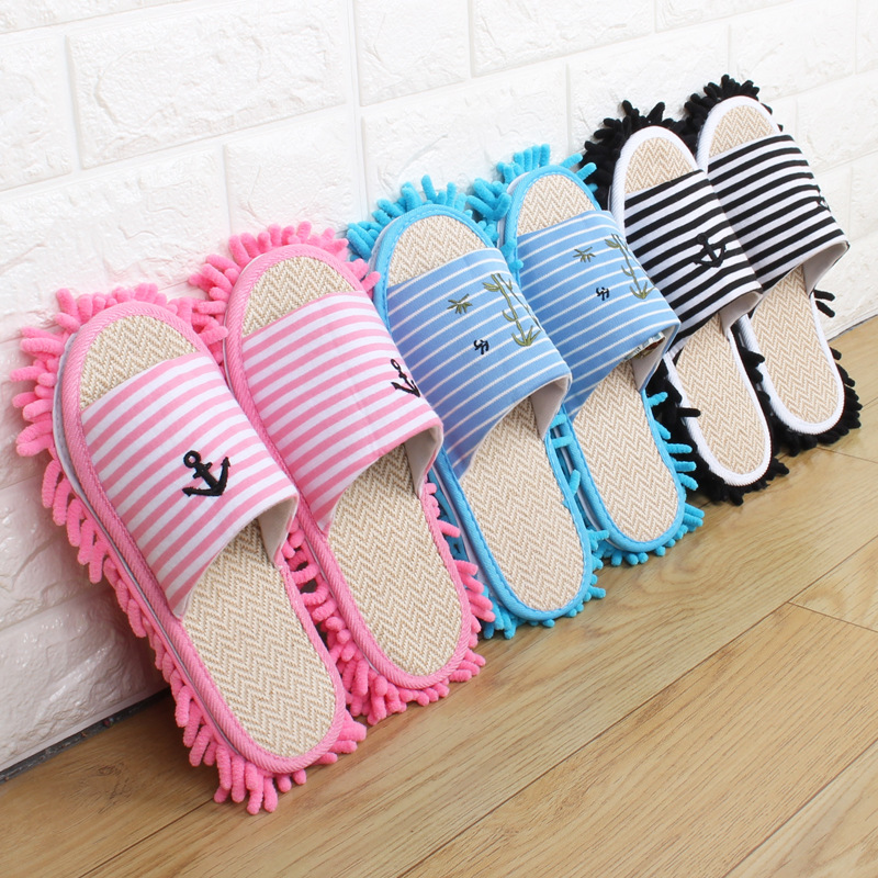 夏款亚麻条纹懒人擦地拖鞋家居清洁地板拖可拆洗扫地拖鞋一件代发