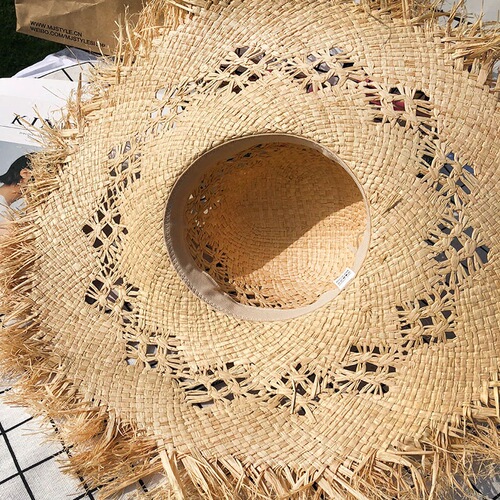 Summer Hat with Hollow Design, New Women's Beach Hat, Sun Hat for Women, Large Brim Leisure Hat, Solid Color, Hairy Edge, La Fleur Grass Hat