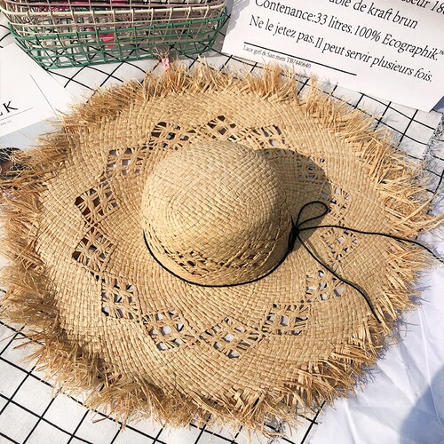 Summer Hat with Hollow Design, New Women's Beach Hat, Sun Hat for Women, Large Brim Leisure Hat, Solid Color, Hairy Edge, La Fleur Grass Hat