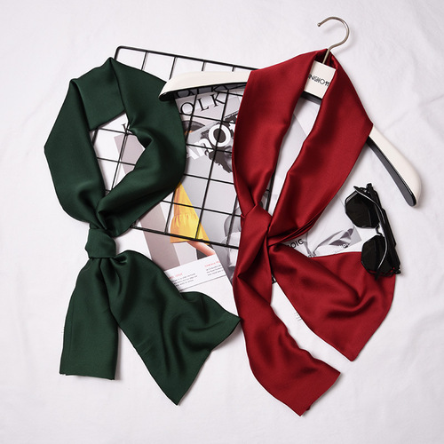 Small silk scarf for women solid color spring and autumn versatile long decorative Korean scarf summer narrow scarf multi-functional gauze scarf