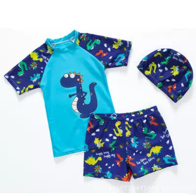工厂定制卡通儿童泳衣男童泳裤套装分体三件套小恐龙防晒游泳衣