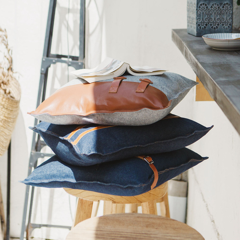 New Nordic simple first-layer cowhide leather with zinc alloy buckle facing double-needle stitched denim cushion sofa pillow