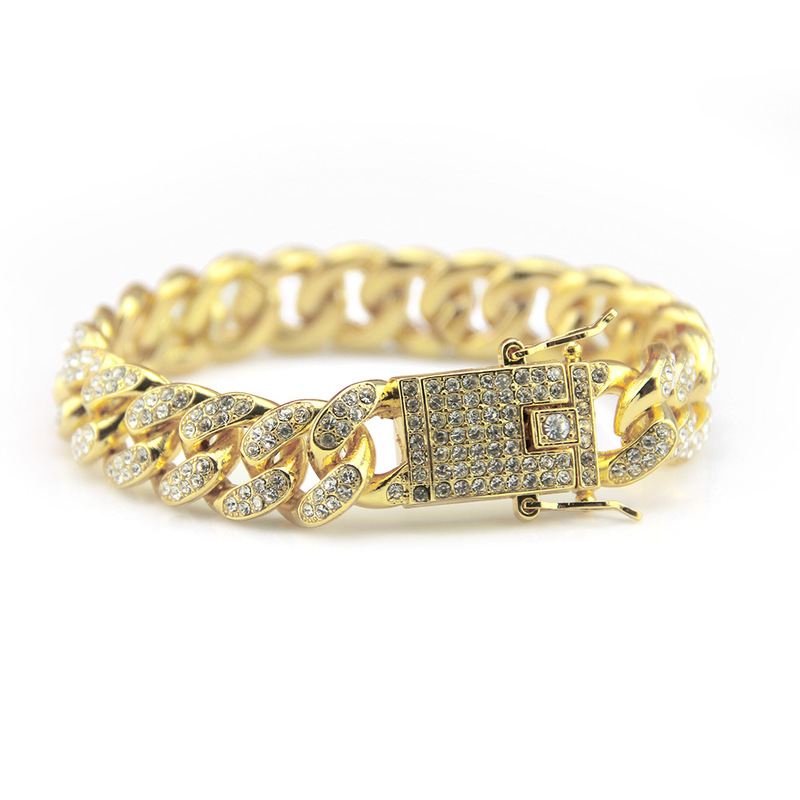 European and American hip-hop bracelet jewelry full of rhinestone Cuban bracelet hiphop men's fashion diamond bracelet width 12mm European and American hip-hop bracelet jewelry full of rhinestone Cuban bracelet hiphop men's fashion diamond bracelet width 12mm