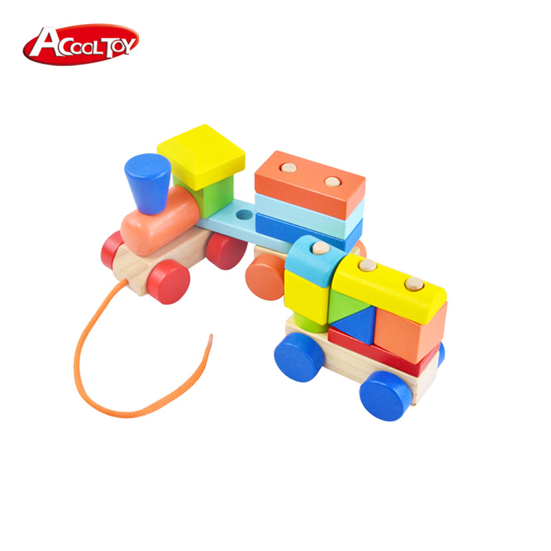 Bebé de los niños forma geométrica montaje de bloques de construcción arrastrando tren bebé educación temprana juguetes educativos de madera