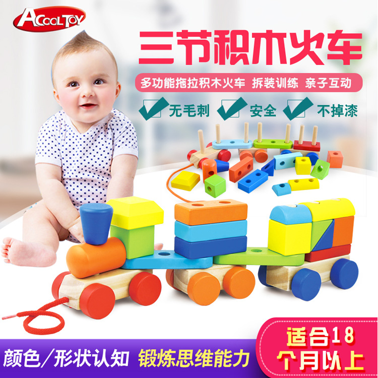 Bebé de los niños forma geométrica montaje de bloques de construcción arrastrando tren bebé educación temprana juguetes educativos de madera