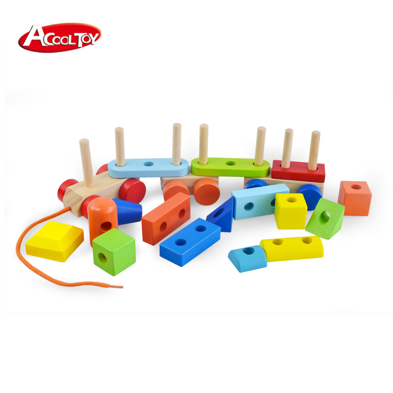 Bebé de los niños forma geométrica montaje de bloques de construcción arrastrando tren bebé educación temprana juguetes educativos de madera