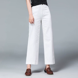 如果郑州米白色牛仔法棍裤女2026秋季韩版九分裤高腰阔腿阔腿裤女