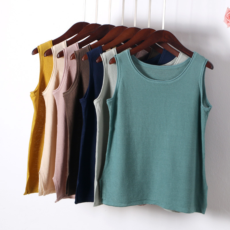 2025 Summer New Literary Fan Linen Knitted Sweater Vest Ramie Round Neck Sleeveless Loose Sling Base Shirt 720
