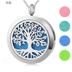 生命之樹精油香薰吊墜 外貿出口鈦鋼圓形30/25磁鐵生命樹香水項鍊