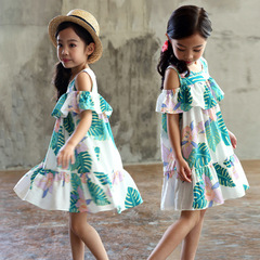 A summer children's dress with Korean style, trendy prints for girls, featuring a shoulder-revealing lotus leaf-style backless top, factory direct sale.