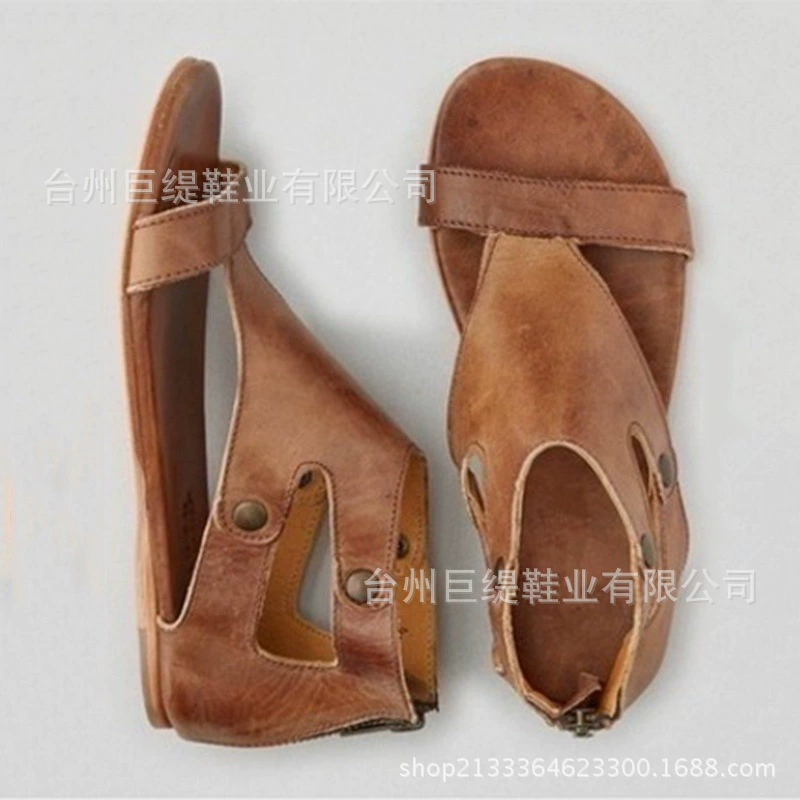 Женские сандалии 2020 Летние пожелания внешней торговли новые европейские и американские плоские сандалии с круглой головкой и задней молнией, римские Большие размеры