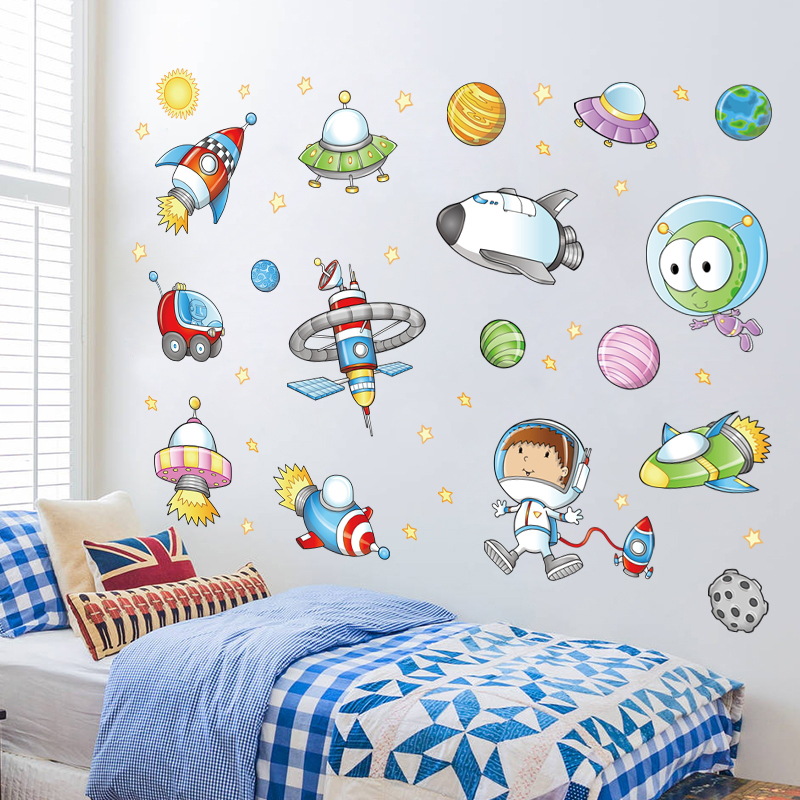 Cartoon Space Astronaut Children's Room Bedroom Wall Stickers Cute Rocket Plane Planetary Background Sticker XL7239