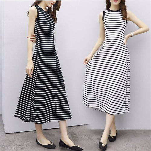 [ ] Korean-style Elegant Slimming Striped Dress for Women, Summer Vintage Simple Sleeveless Vest Skirt, A-line Maxi Dress