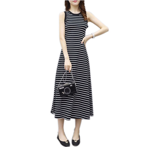 [ ] Korean-style Elegant Slimming Striped Dress for Women, Summer Vintage Simple Sleeveless Vest Skirt, A-line Maxi Dress