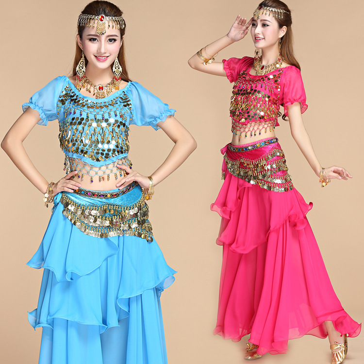 印度舞表演服套装肚皮舞练习服民族舞舞蹈服新款亮片短袖套装