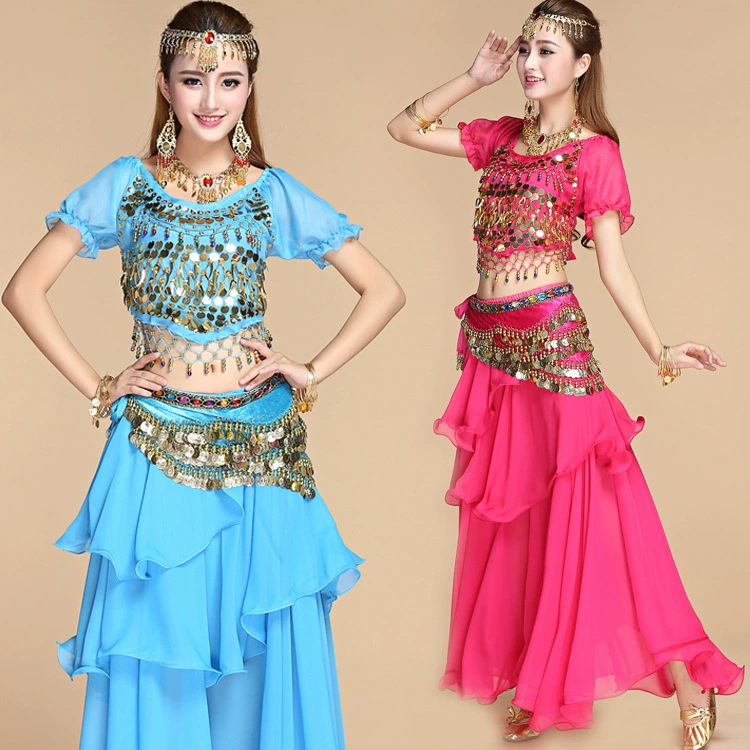 Костюм для индийского танца Костюм для танца живота Костюм для народного танца Новый костюм с коротким рукавом и пайетками