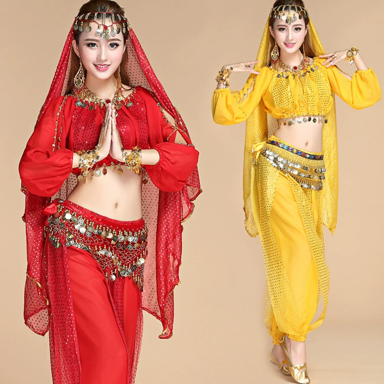 Костюм для танца живота Тренировочный костюм Синьцзян Танцевальный костюм Индийский танцевальный костюм Фонарь с длинным рукавом Блестки Танцевальные брюки Женщины