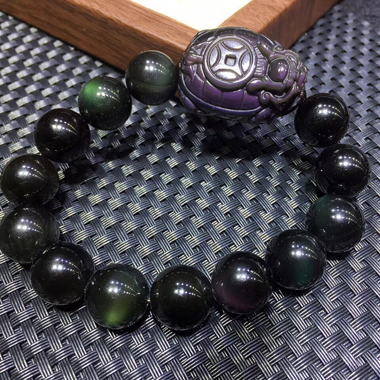 天然水晶黑曜石彩虹眼龙龟手链男女款金曜石简约时尚龙龟手串批发