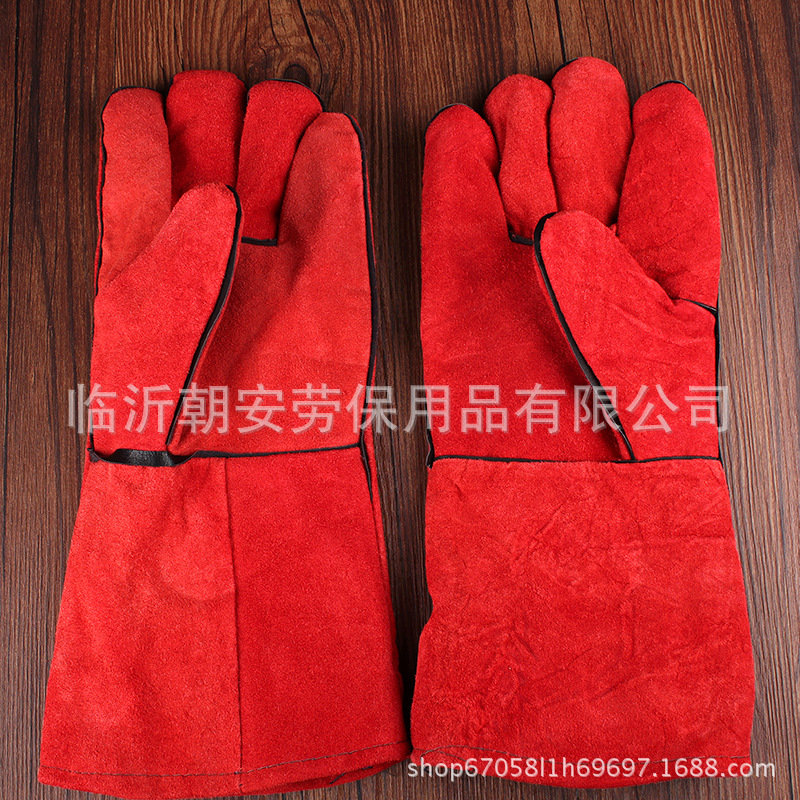 Guantes de soldadura de piel de vaca llenos de fábrica guantes de vaca largos rojos guantes de soldador resistentes al desgaste engrosados de doble capa alargados logotipo fijo image 4